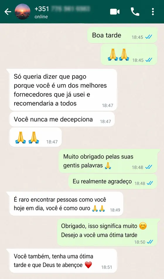 Screenshot WhatsApp de avaliação positiva de cliente IPTV Portugal