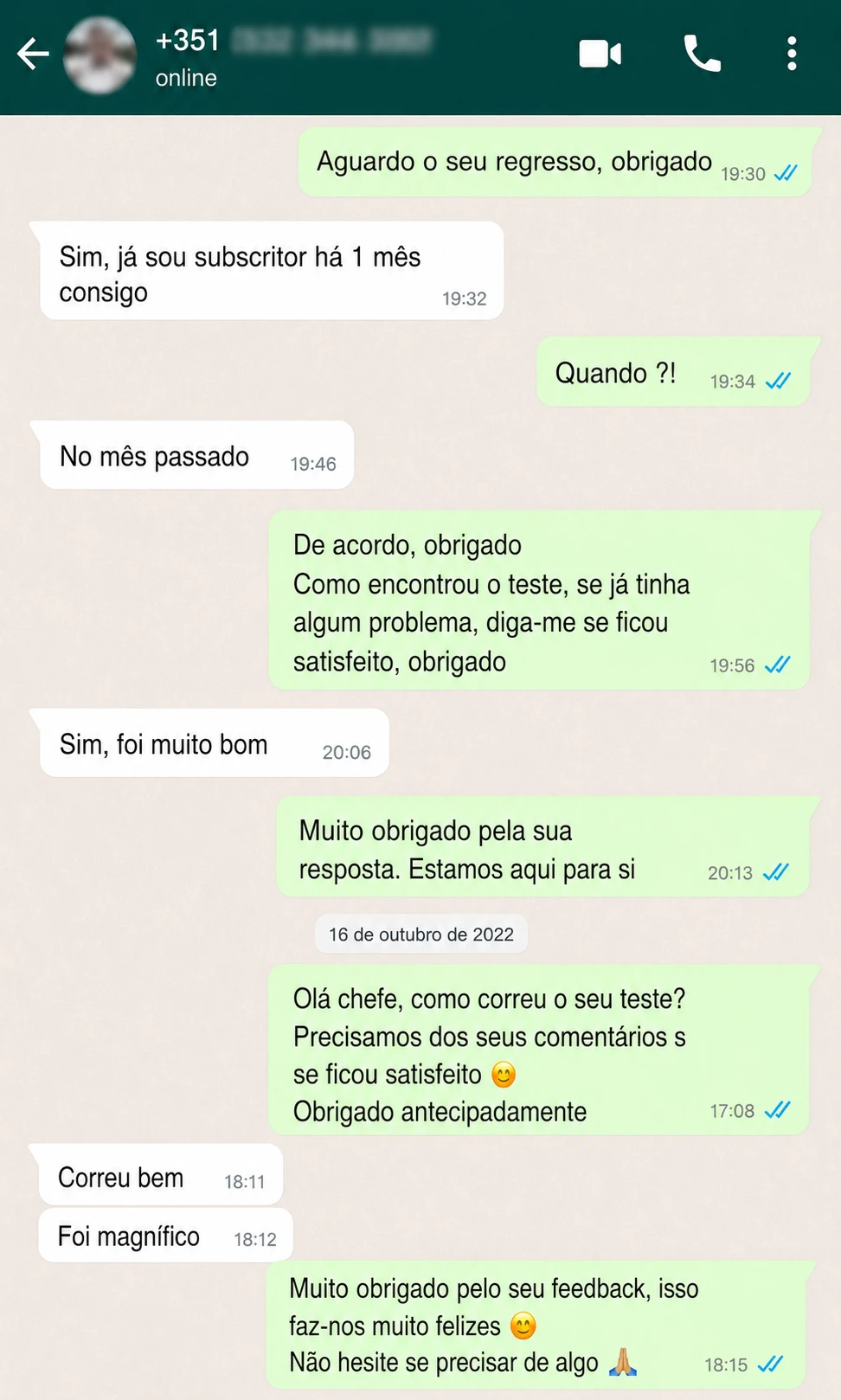 Mensagem WhatsApp de cliente satisfeito com o serviço IPTV Portugal