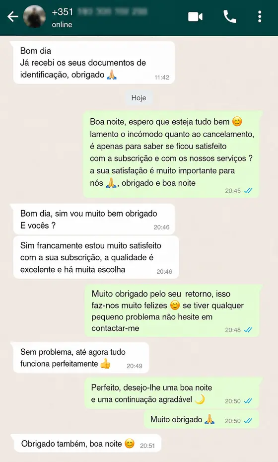 Prova social WhatsApp de cliente do IPTV Portugal
